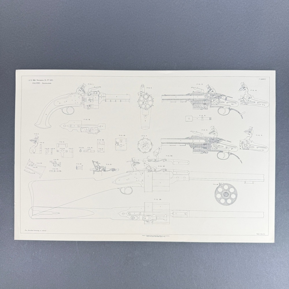 Collyer's Specification 1818 Firearm Patent Print 1854 Lithograph 21.5"x 14"